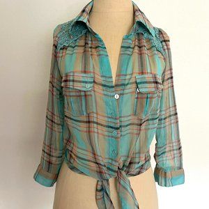American Rag Teal Plaid Tie Top Small